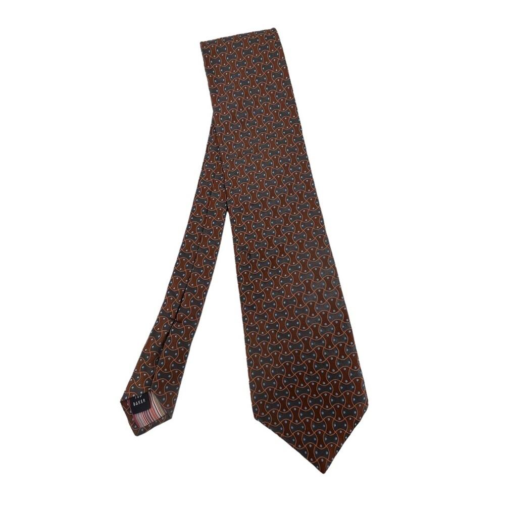 Ted Baker London Tie Brown Gray Geometric Print 100% Imported Silk